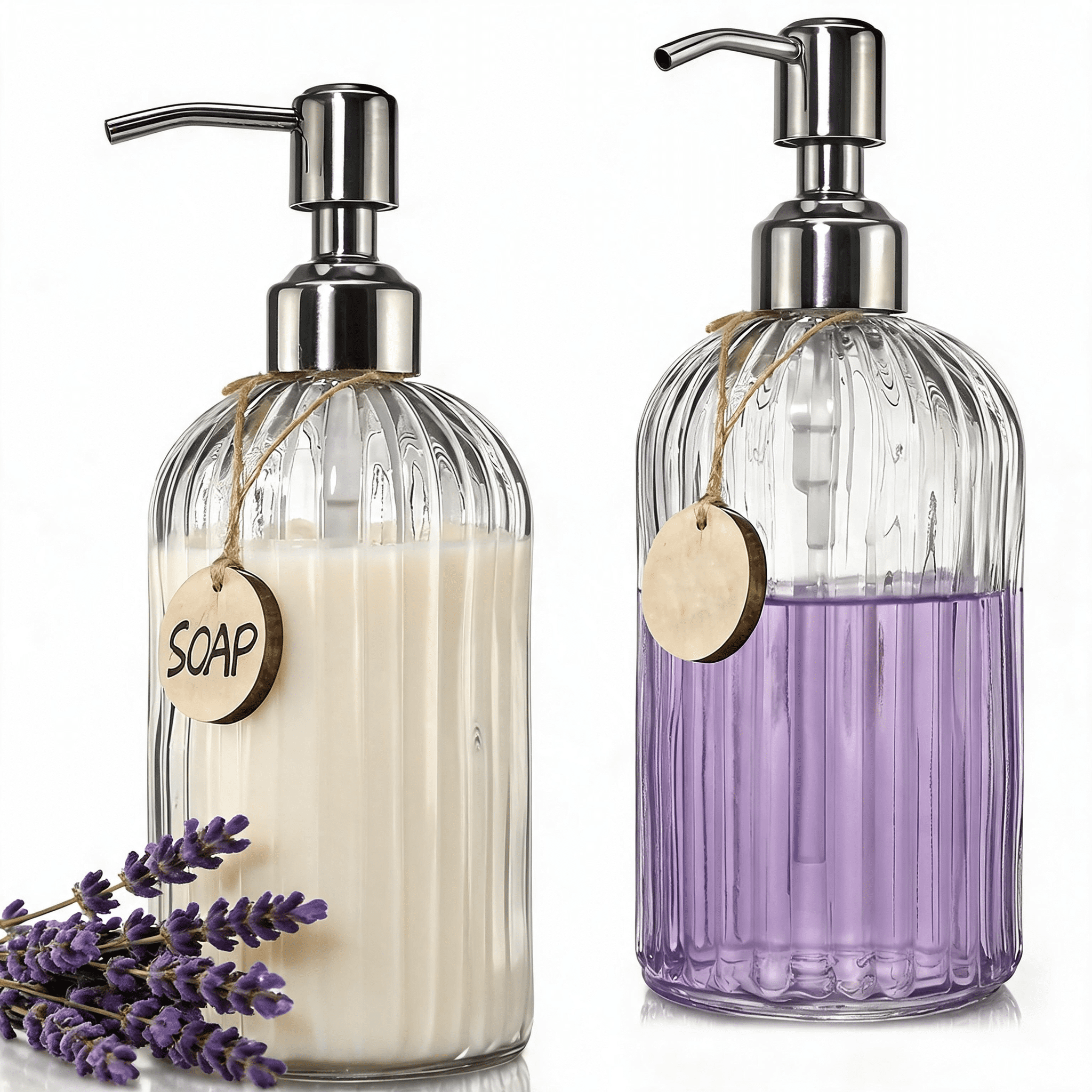 HOQBN 2 Pack Glass Soap Dispenser with Stainless Steel Pump & Wooden Tag, Refillable Hand Soap & Dish Soap Dispenser for Bathroom Kitchen