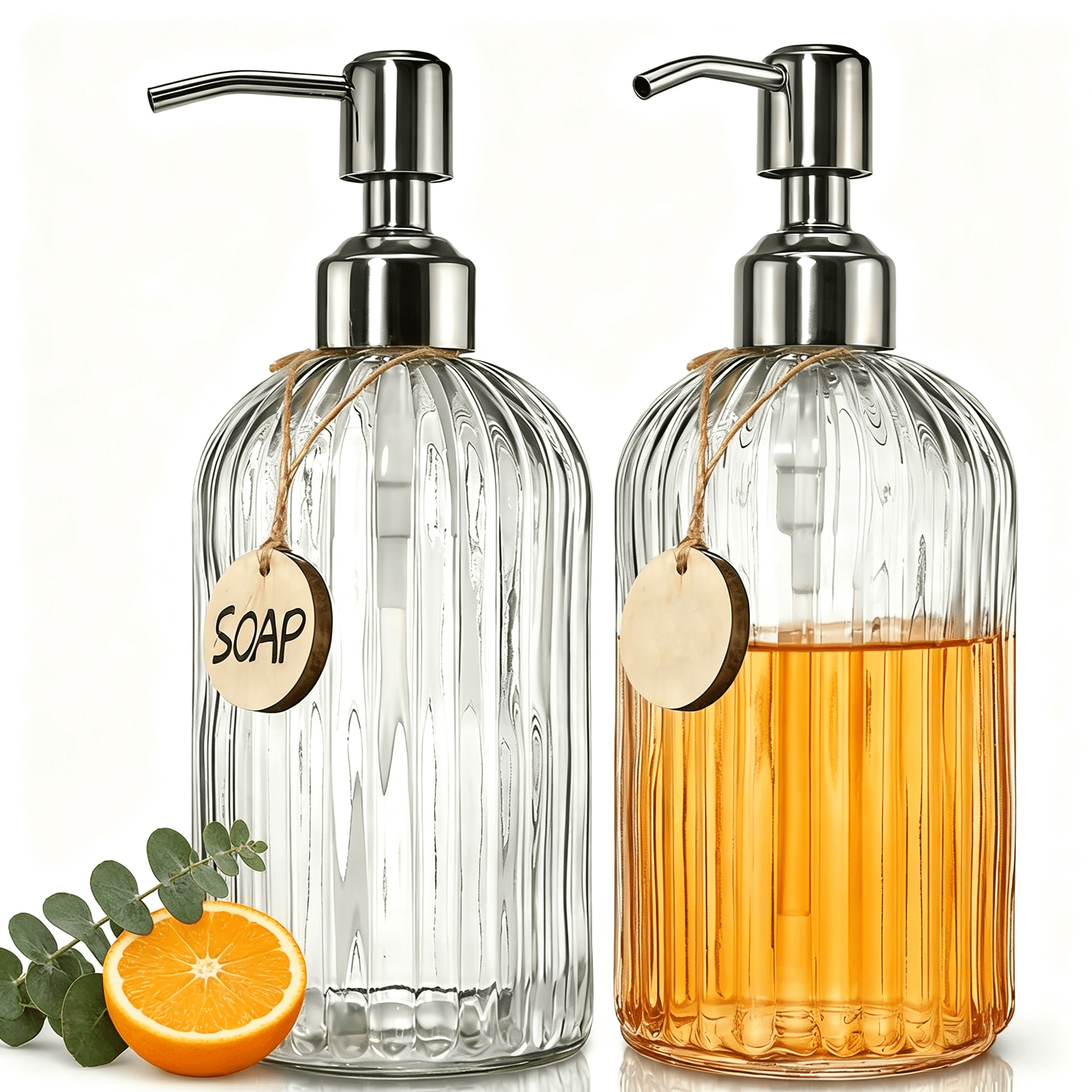 2 Pack Glass Soap Dispenser with Stainless Steel Pump, 18oz Refillable Hand Soap & Dish Soap Dispenser, Clear Liquid Lotion Container with Wooden Tag for Bathroom Kitchen Countertop