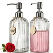 2 Pack Glass Soap Dispenser with Rust Proof Stainless Steel Pump, Refillable Hand Soap Dispenser with Vertical Stripe, Elegant Hand Soap Dispenser for Bathroom & Kitchen