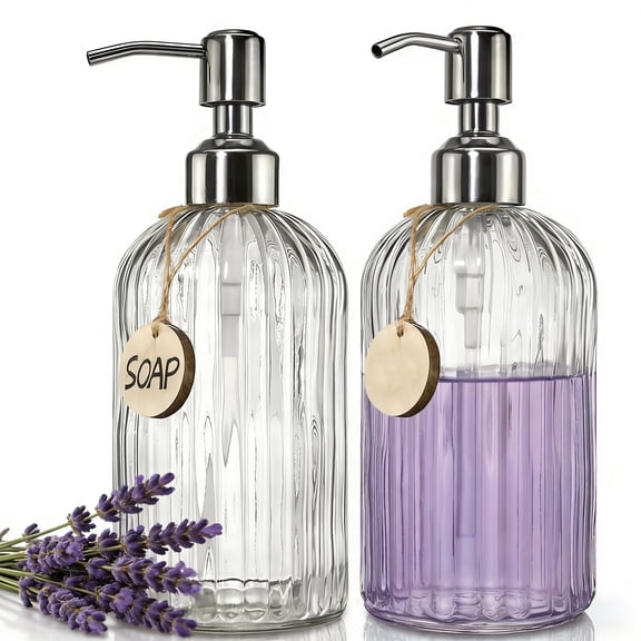 2 Pack Glass Soap Dispenser with Rust Proof Stainless Steel Pump, Refillable Hand Soap Dispenser with Vertical Stripe, Elegant Hand Soap Dispenser for Bathroom & Kitchen