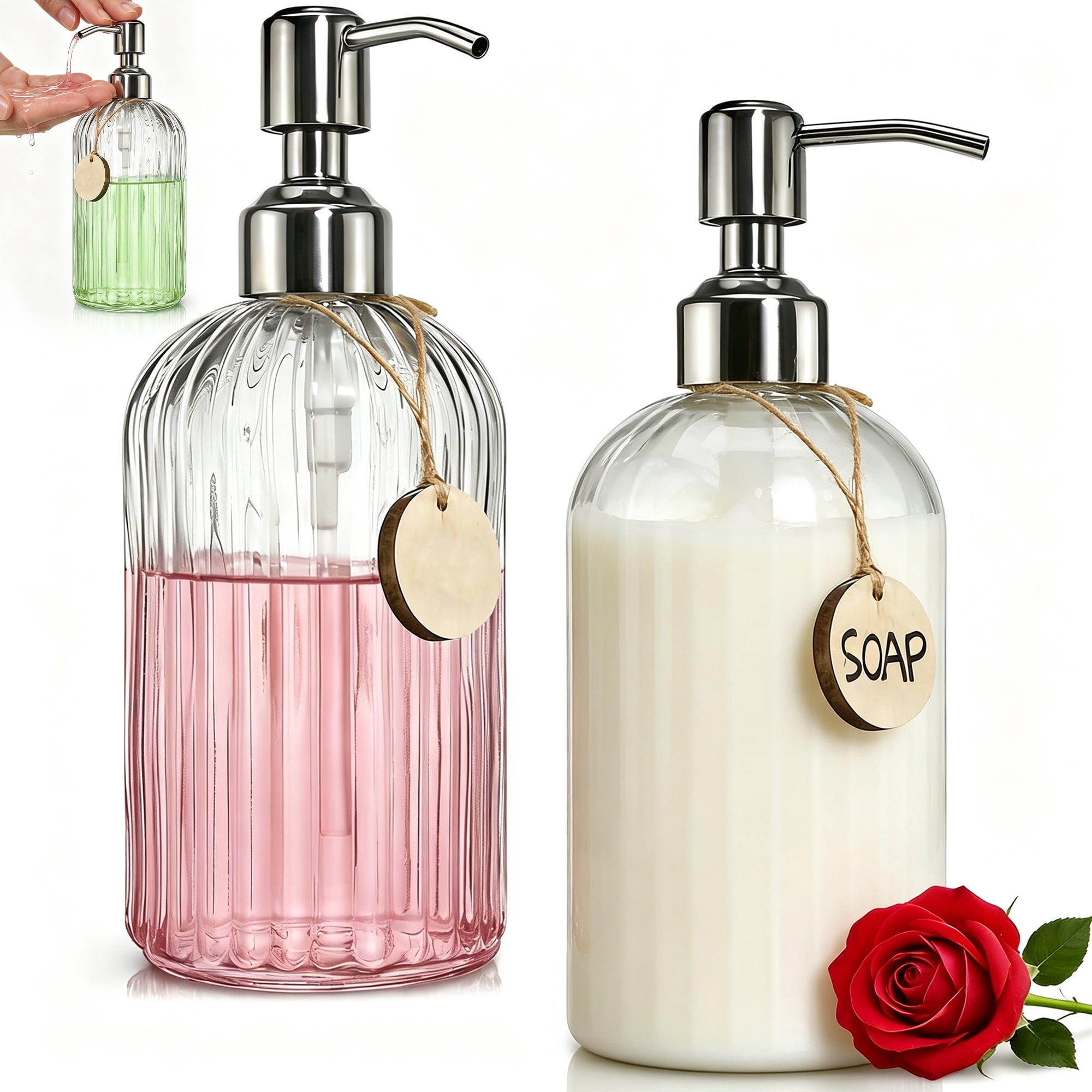 2 Pack Glass Hand Soap Dispenser, Refillable Glass Soap Dispenser with Stainless Steel Pump & Wooden Tag, Reusable Liquid Lotion Dish Soap Dispenser for Bathroom Kitchen Sink