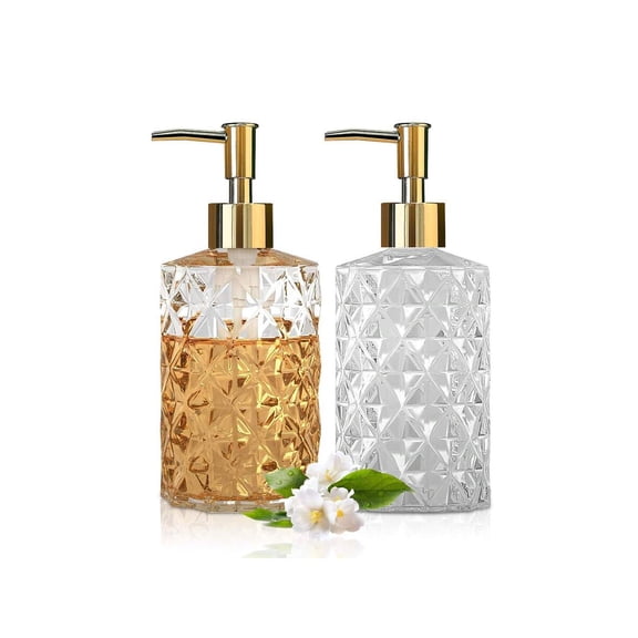 2 Pack Glass Soap Dispenser Set, 11oz (330ml) Refillable Hand Soap & Lotion Pump Bottle For Kitchen Bathroom Sink In Clear & Gold