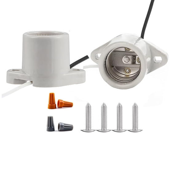 2-Pack Glazed Porcelain Surface Mount E26 Lamp Holder, Cleat Light Socket with 6 Inch Wire Leads & 2-Hole Mount Flange, Medium Base Replacement Light Socket