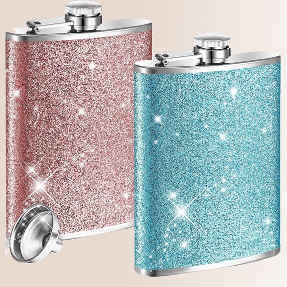 2 Pack Glitter Bling Flasks for Liquor Leakproof Stainless Steel Whiskey Pocket Flask with Funnel