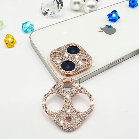 2 Pack Glitter Camera Lens Cover Protector Compatible with iPhone 13 /iPhone 13 Mini Metal Bling Diamond Camera Lens Cover Sticker Protector (Rose Gold)