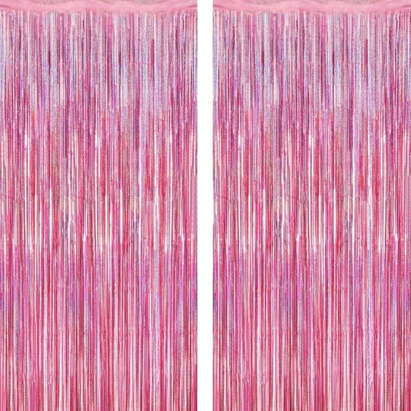 2 Pack Glitter Pink Backdrop, 3.28 FT x 6.6 FT Birthday Party Decorations, Laser Pink Fringe Curtains Foil Streamer Tinsel, Happy Birthday Backdrop