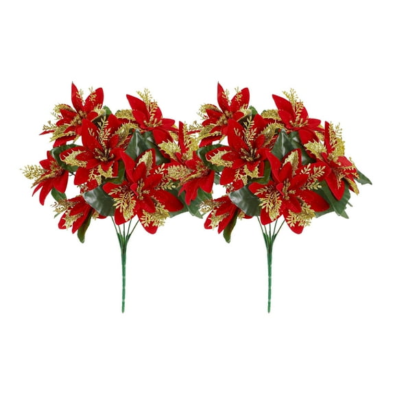 2-Pack Glitter Poinsettia Flowers, 7-Head Artificial Christmas Flower Bouquet for Vase Centerpiece Home Holiday Decor(Gold)