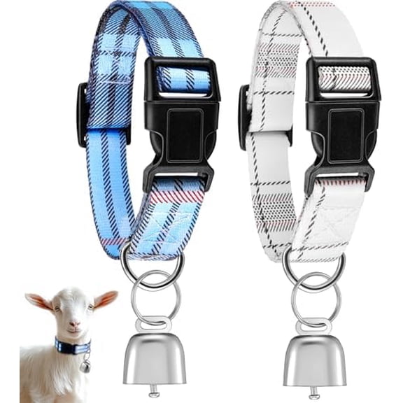 2 Pack Goat Collars with Bells, Sheep Grazing Copper Bells and Adjustable Nylon Collar Set Loud Bronze Bell Small Farm Animal Sheep Cow Accessories(Blue, White,Plaid Pattern)