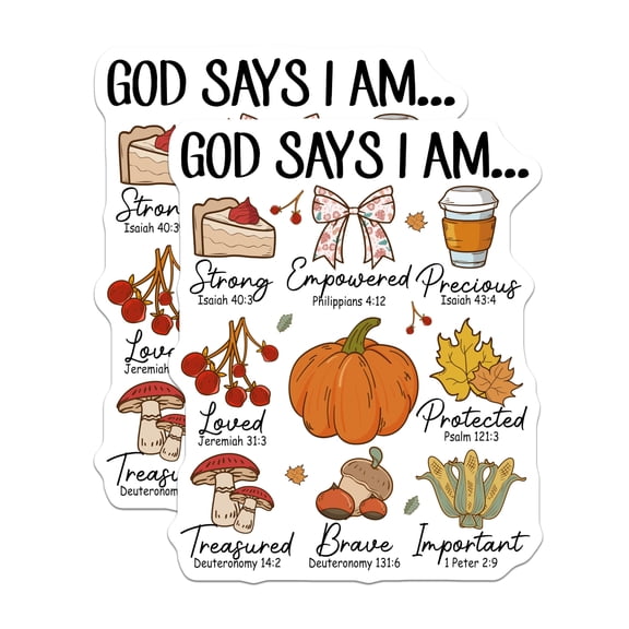 (2 Pack) God Says I Am Stickers - Christian Affirmation - Bible Verse Quote - Autumn Faith Decal - 5" On Longest Side - Sticks to Smooth Flat Surfaces - Made in USA - BMCS26290