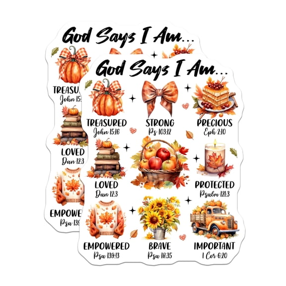 (2 Pack) God Says I Am Stickers - Christian Affirmation Decal - Autumn Faith Scripture - Inspirational Cozy Fall Decor - 5" On Longest Side - Sticks to Smooth Flat Surfaces - Made in USA - BMCS30752