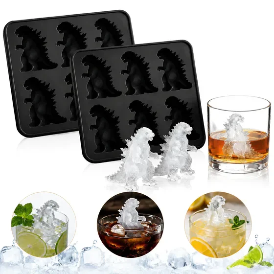 2 Pack Godzilla Silicone Ice Cube Mold Tray with Lid - 6 Cavity Large Ice Cube Maker for Whiskey, Cocktails & Beverages - BPA Free Flexible Easy Release Ice Tray - Fun Novelty Ice Molds for Parties