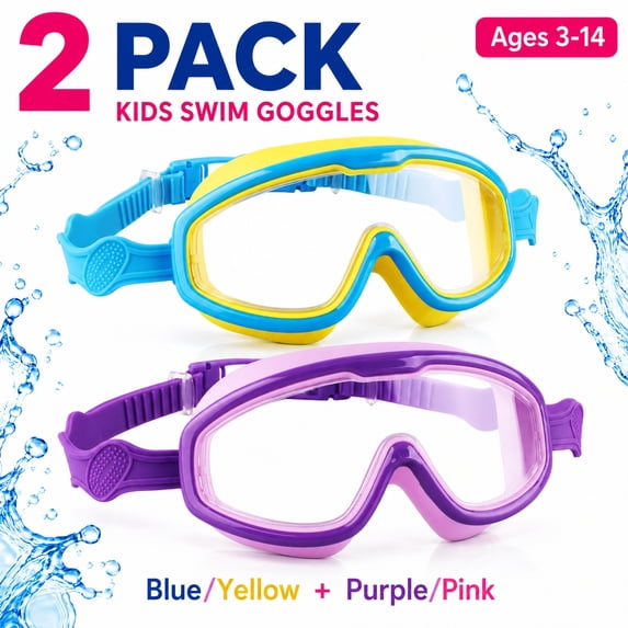 2 Pack Goggles for Kids Toddler 3-15, Anti Fog No Leak Clear Swim Goggles for Boys Girls Pool Beach Swimming