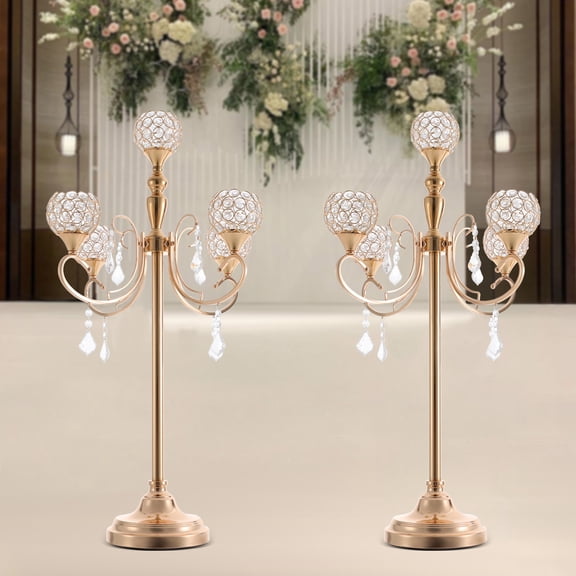 2-Pack Gold 5-Arm Crystal Candelabra 33.8in Height Iron Glass Electroplating Flameless Candles Wedding Decor