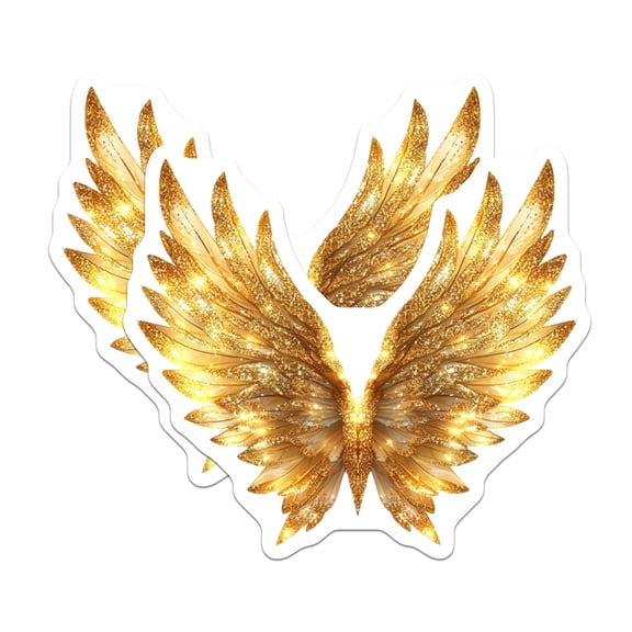 (2 Pack) Gold Angel Wings Stickers - Sparkling Feather Decal - Ethereal Divine Aesthetic Celestial Laptop Sticker - 5" On Longest Side - Sticks to Smooth Flat Surfaces - Made in USA - BMCS29554