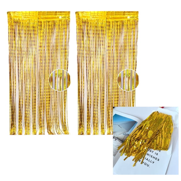 2 Pack Gold Color Tinsel Backdrop 39in x 79in , Metallic Foil Backdrop Fringe Curtains Party Streamer, Party Decorations Photo Backdrop for Birthday