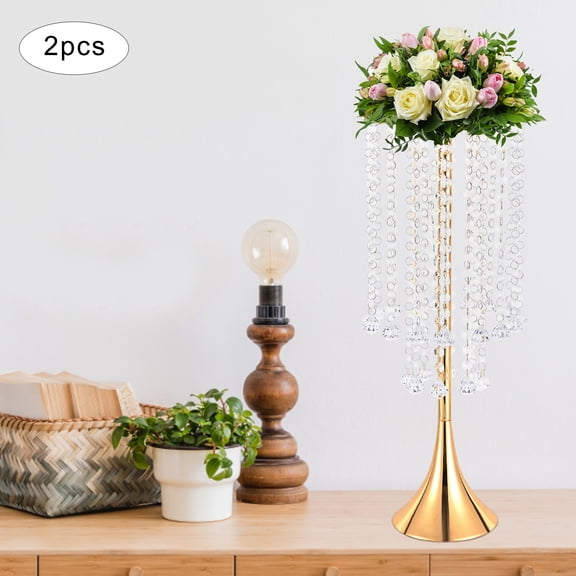 2-Pack Gold Crystal Flower Vases 21.9 Inch Tall Trumpet Floor Vase with Hand-Strung Acrylic Beads