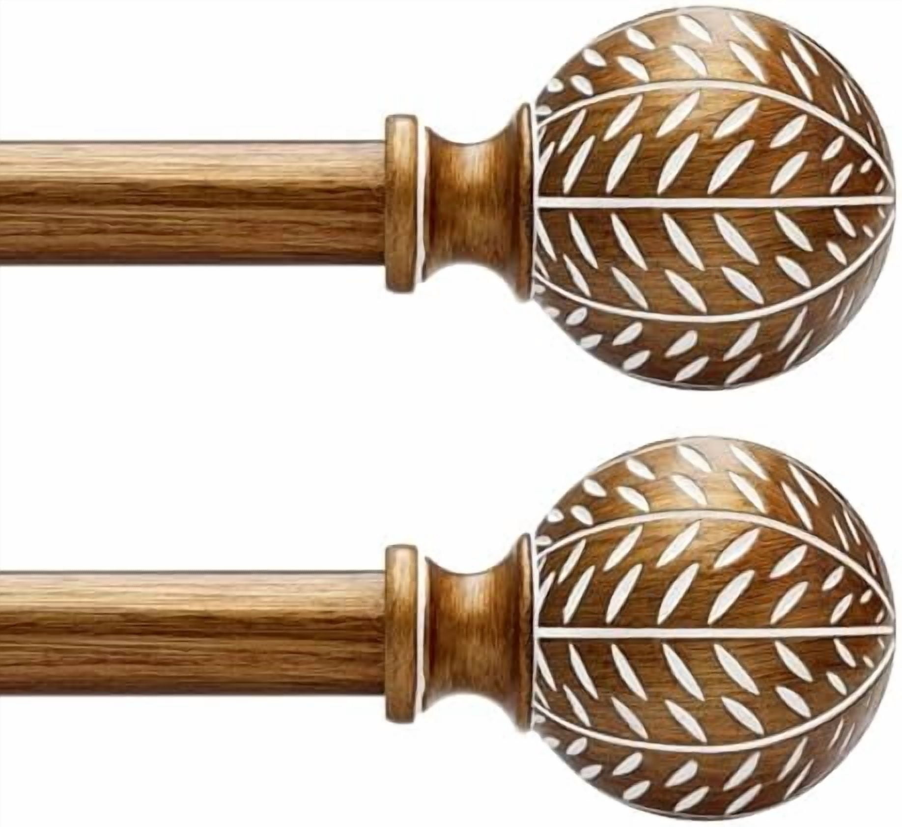 2 Pack Gold Curtain Rods for Windows 48 to 84 Inch,1'' Diameter Drapery Rods with Imitation Wood Grain Leaf Pattern Finials,Boho Adjustable Heavy Duty Curtain Rods Set,36-88'',Antique-Gold Wood