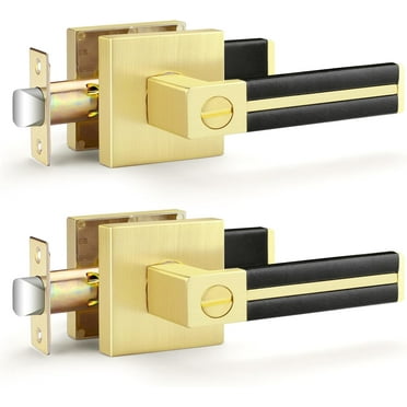 2 Pack Gold Door Handles, Brass Interior Door Levers with Black Leather Handle, Privacy Door Handles Locksets for Bedroom Bathroom, Reversible