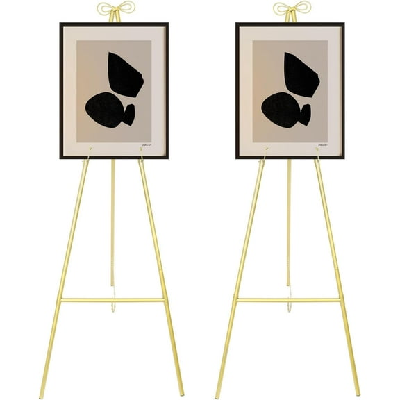 2 Pack Gold Easel Stand, 50 in Foldable Floor Easel for Sign, Posters, Adjustable Metal Display Easel Stand with Bow Top, Portable Art Easels, Freestanding Welcome Sign Stand for Wedding