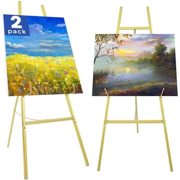 2 Pack Gold Easel Stand for Wedding Sign, Heavy Duty Metal Display Easel with Adjustable Chain, 4-Tier Height Adjustable Art Easel for Painting, Posters, Pictures & Commercial Display$$Office