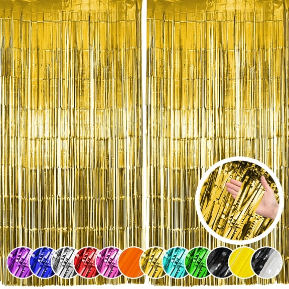 2 Pack Gold Fringe Curtain Party Backdrop, Gold Tinsel Backdrop, Decorations For Birthday, Holidays, Parties & More