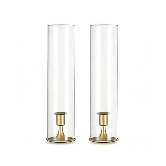 2 Pack Gold Glass Cylinder Candle Holders With Metal Base For Wedding Dinner Table Centerpiece Mantel Decor