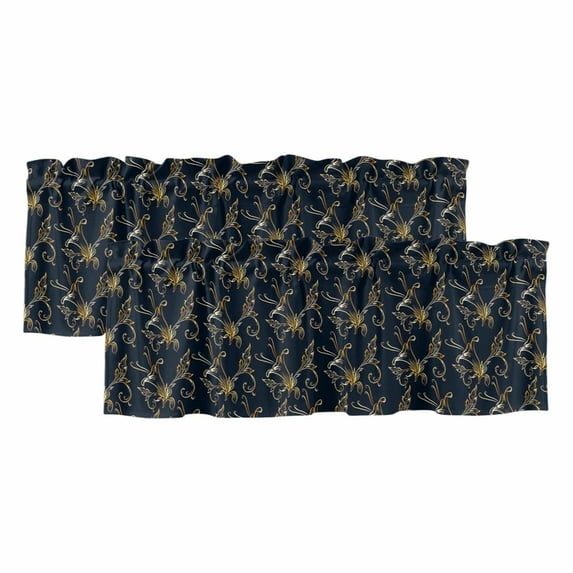 2 Pack Gold Gradient Valance for Window Floral Leaves Black Kitchen Valance Rod Pocket Short Curtain Topper Decorative Window Treatment for Living Room Bedroom 42"x18"