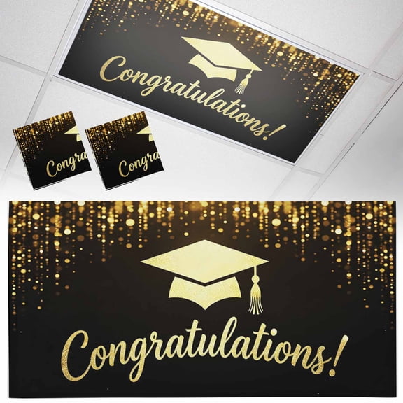 2 Pack Gold Graduation Cap Fluorescent Light Covers for Ceiling Lights Sparkles Minimalist Congratulations Black Magnetic Ceiling Light Covers Overhead Light Filters for Office Classroom Home