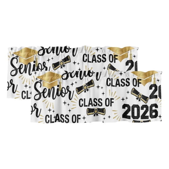 2 Pack Gold Graduation Cap Valance for Window Class of 2026 Modern Fireworks Stars Kitchen Valance Rod Pocket Short Curtain Topper Decorative Window Treatment for Living Room Bedroom 42"x12"