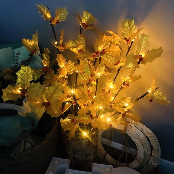 2 Pack Gold Leaves Twig Lights, 30 Inch 20 LED Artificial Maple Leaves Berries Branch Lights Battery Powered Flexible Branch Decor Lights for Christmas Home Party Decoration