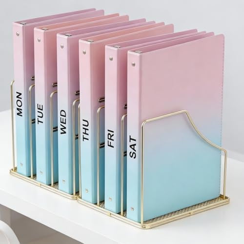 2-Pack Gold Metal File Organizer with Mesh Bottom - Vertical Magazine, Mail & Paper Sorter - 3-Slot Wire Rack for Office, Binders, Makeup Palettes - Aesthetic Desk Organizer