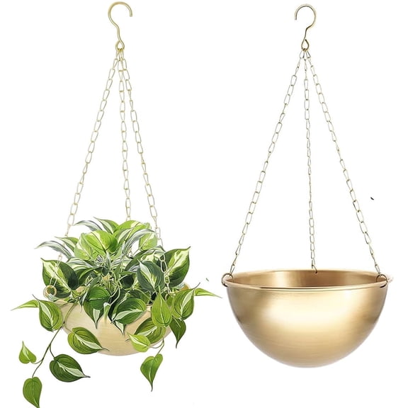 2 Pack Gold Metal Hanging Planters,Bexikou Wall and Ceiling Hanging Planter,Hanging Flower Pot, Hanging Basket with Chains,Plant Hanger for Indoor Outdoor Plants, Herbs