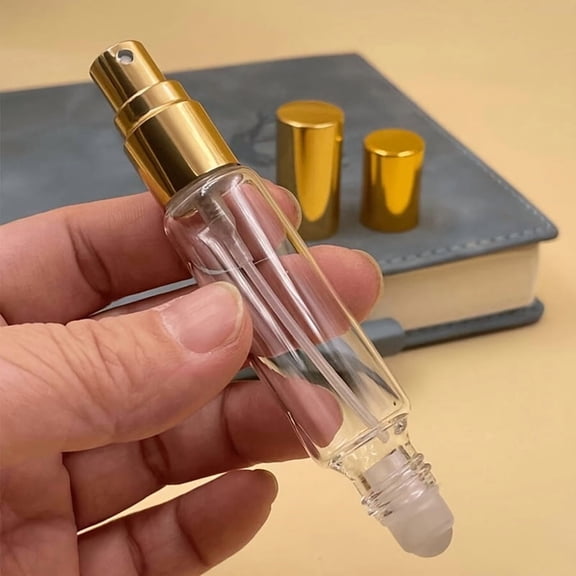 2-Pack Gold Mini Refillable Glass Perfume Bottles, 0.34oz Dual Spray & Rollerball Travel Atomizer, Leak-Proof Portable Fragrance Vials