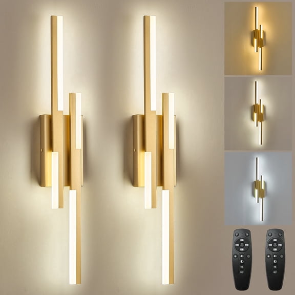 2 Pack Gold Modern LED Wall Sconce Remote Wall Light Fixtures for Bathroom, Dimmable Vanity Light Indoor LED Remote Wall Sconce for Bedside Bedroom Living Dining Room