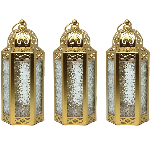 3-Pack Gold Moroccan Candle Lantern Holder - Decorative Lamp for Tabletop or Hanging Use, Indoor or Outdoor Porch Patio - Ramadan, Weddings and Holidays, Medium, Clear Glass