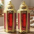 thumbnail image 1 of 2-Pack Gold Moroccan Candle Lantern Holder - Decorative Lamp for Tabletop or Hanging Use, Indoor or Outdoor Porch Patio - Ramadan, Weddings and Holidays, Medium, Red Glass, 1 of 10