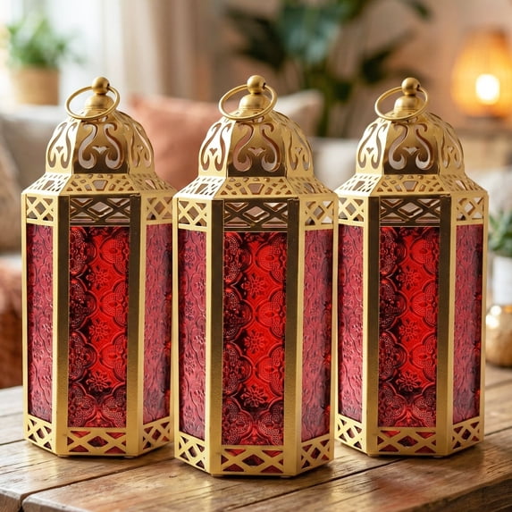 3-Pack Gold Moroccan Candle Lantern Holder - Decorative Lamp for Tabletop or Hanging Use, Indoor or Outdoor Porch Patio - Ramadan, Weddings and Holidays, Medium, Red Glass
