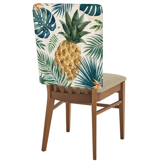 2 Pack Gold Pineapple Chair Back Covers Monstera Leaves Tropical Botanical Summer Stretchable Removable Chair Slipcovers Washable Seat Covers for Dining Room Kitchen Restaurant 19 x 18 Inch