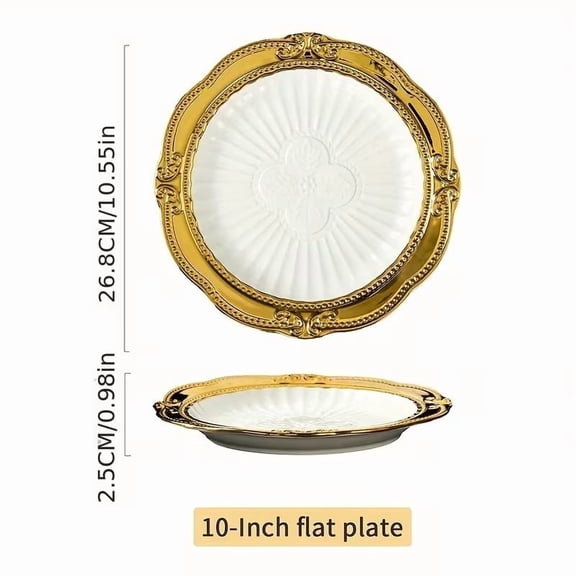 2-Pack Gold Rim Leaf Relief Ceramic Flat Soup Plates for Elegant Dining
