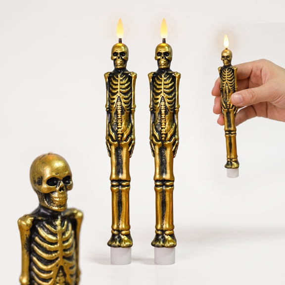 2 Pack Gold Skeleton Taper LED Candles, Flameless Flickering Skull Candlesticks, Battery Operated Real Wax Halloween Spooky Decor for Haunted House Table Window Centerpiece