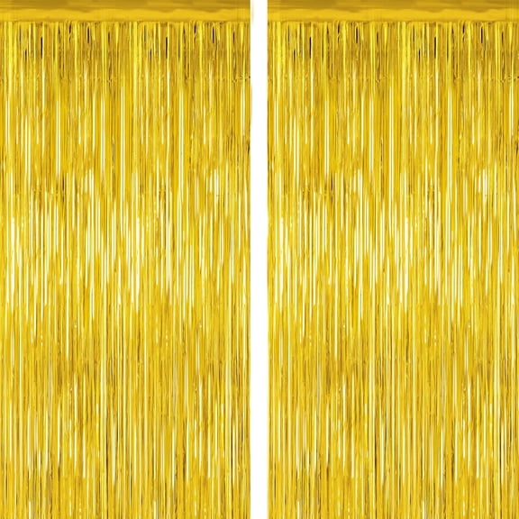 2 Pack Gold Tinsel Backdrop, 3.28 FT x 7.05 FT Metallic Fringe Curtain, Gold Color Graduation Backdrop Party Streamers, Party Supplies Door Decorations for Birthday Anniversaries