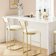 2 Pack Gold Upholstered Counter Height Bar Stools with Backrest, High Back Counter Height Bar Stools with White Velvet Upholstery & Gold Metal Legs,Soft Padded Kitchen Island Stools