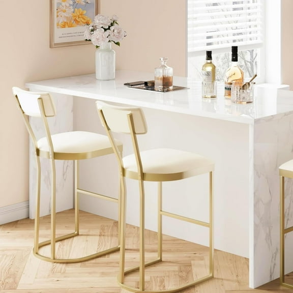 2 Pack Gold Upholstered Counter Height Bar Stools with Backrest, High Back Counter Height Bar Stools with White Velvet Upholstery & Gold Metal Legs,Soft Padded Kitchen Island Stools