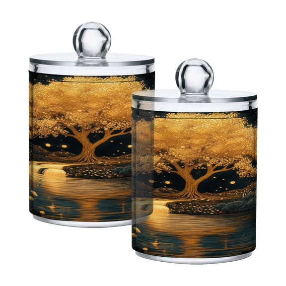 2 Pack Golden Tree on River Bank Qtip Holder Dispenser Clear Plastic Storage Apothecary Jars for Cotton Swabs Balls Pads Floss