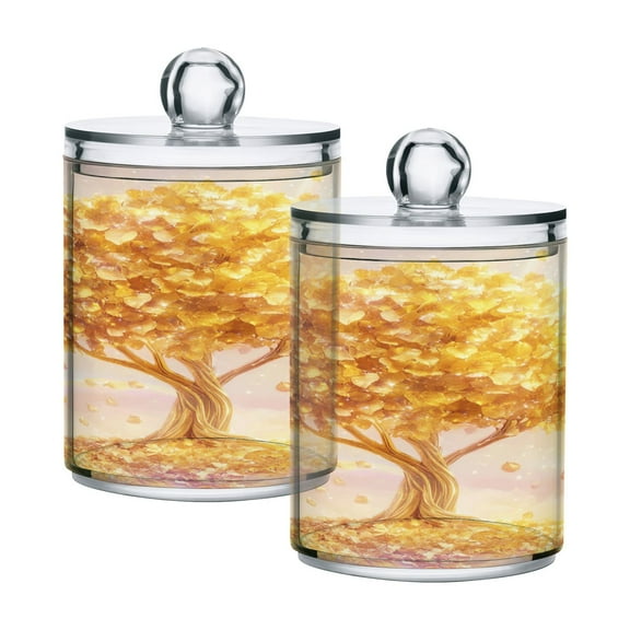 2 Pack Golden Tree with Leaf Qtip Holder Dispenser Clear Plastic Storage Apothecary Jars for Cotton Swabs Balls Pads Floss