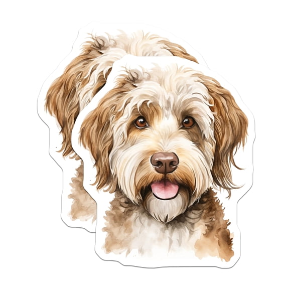 (2 Pack) Goldendoodle Stickers - Watercolor Dog Decals - Cute Doodle Puppy - Pet Parent Lover - Animal Art - 5" On Longest Side - Sticks to Smooth Flat Surfaces - Made in USA - BMCS26604