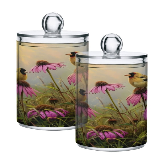 2 Pack Goldfinches Bird Perched on Flowers Qtip Holder Dispenser Clear Plastic Storage Apothecary Jars for Cotton Swabs Balls Pads Floss