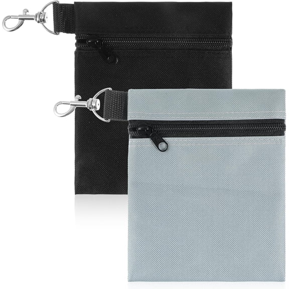 2 Pack Golf Ball Bag, Tee Bag Pouch 6.7" x 5.5" Zippered with Metal Lobster Clip, Waterproof Golfs Accessories Organizer for Tees Balls, Valuables Holder, Men Women (Black, Gray)
