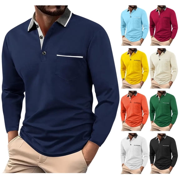 2 Pack Golf Shirts for Men with Pocket and Button Collared Long Sleeve Tshirts Shirt Mens Casual Color Block Pullover Slim Breathable Athletic Workout Tops