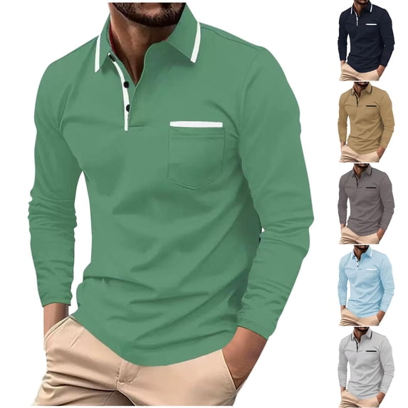 2 Pack Golf Shirts for Men with Pocket Long Sleeve Button Collar Tshirts Shirt Mens Casual Color Block Pullover Breathable Basic Office Work Tees Tops